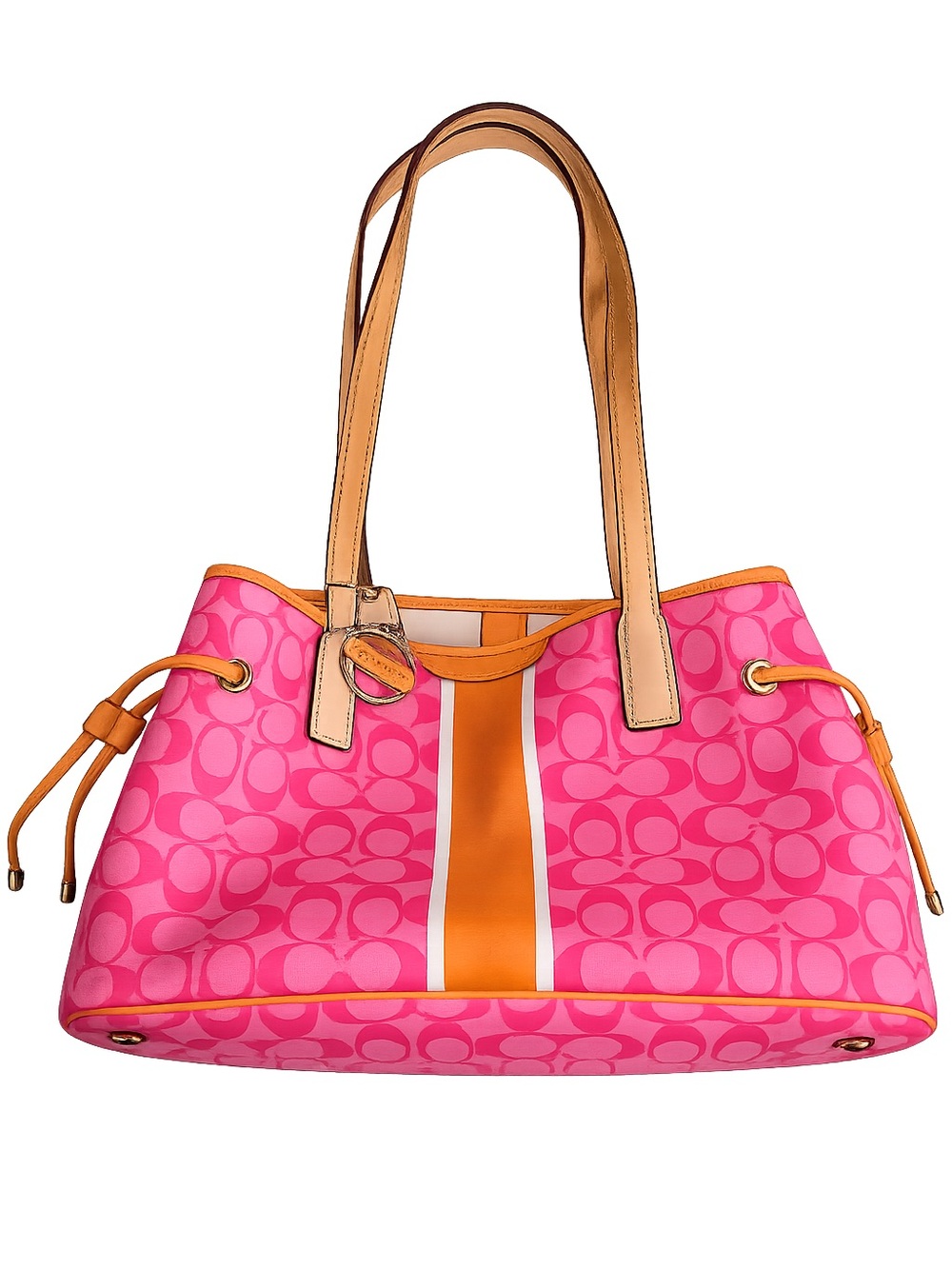 Coach F29064 Pink Signature Stripe Tote Shoulder Bag Orange Trim Purse - Picture 2 of 6